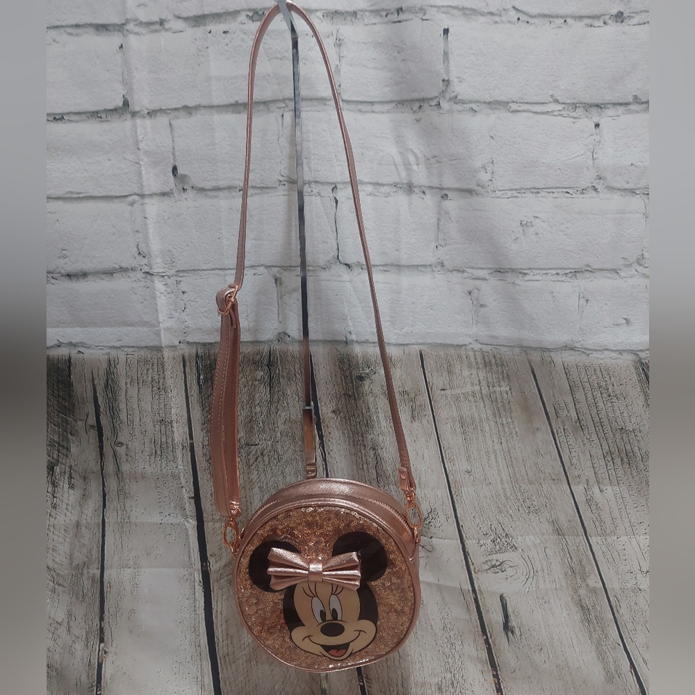 Disney Parks Exclusive Rose Gold Sequined Minnie Mouse Bow Crossbody Purse GUC